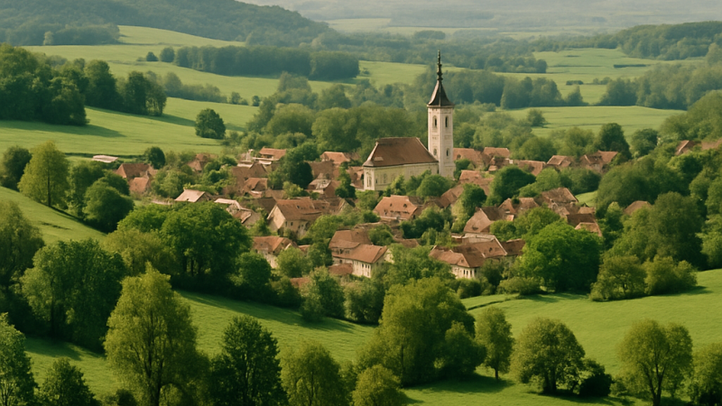 Landschaft mit grünen Feldern und Wald, dazwischen ein kleiner Ort